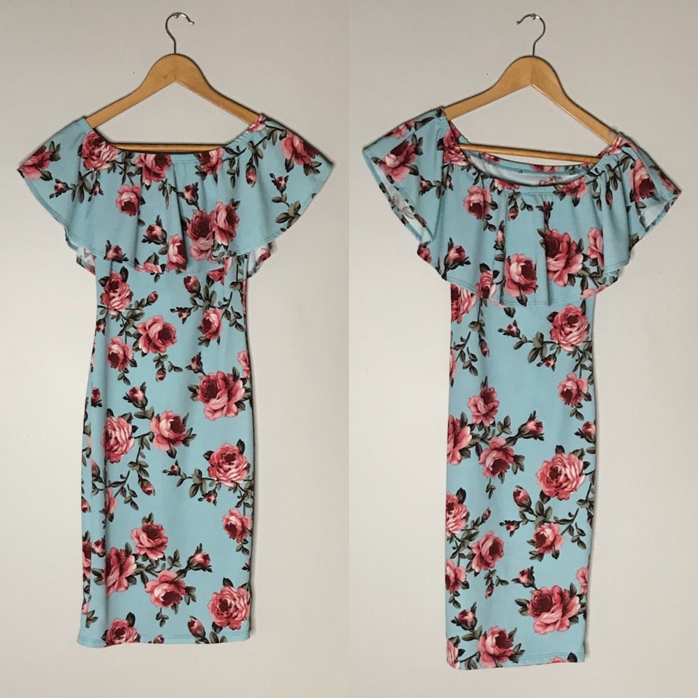 Blue & Floral Bardot Off Shoulder Dress